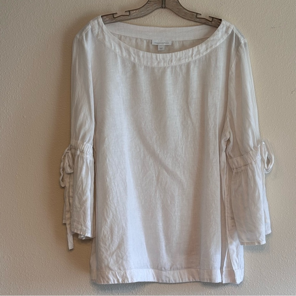 Charter Club Women’s Cream White Linen 3/4 Sleeve Top w/  Tie Sleeves Size Large